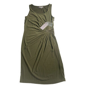 NWT JLO Jennifer Lopez Embellished Shift Dress idark olive ruched waist bead XS